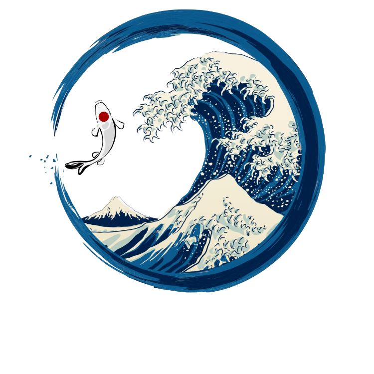a Round Restaurant Logo of a blue white japanese wave with a koi fish on the left. On the bottom it says Yozora-17, the name of the restaurant